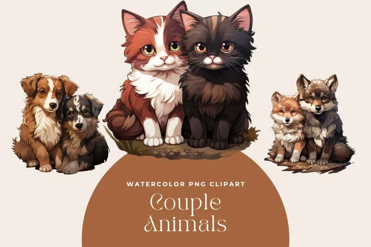 3 Watercolor Couple Animals Clipart