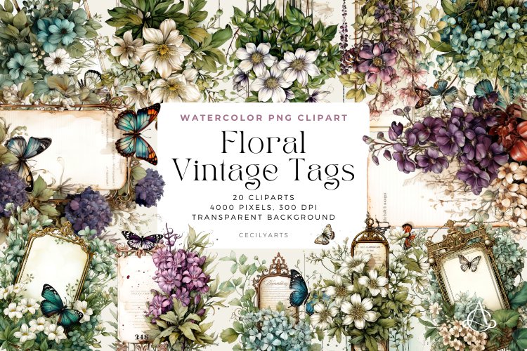 Watercolor Floral Vintage Tags Clipart Bundle