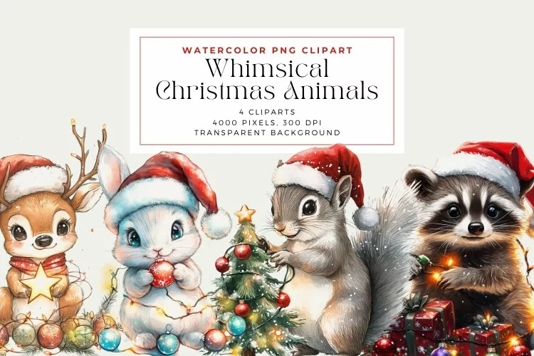 Watercolor Whimsical Christmas Animals Clipart