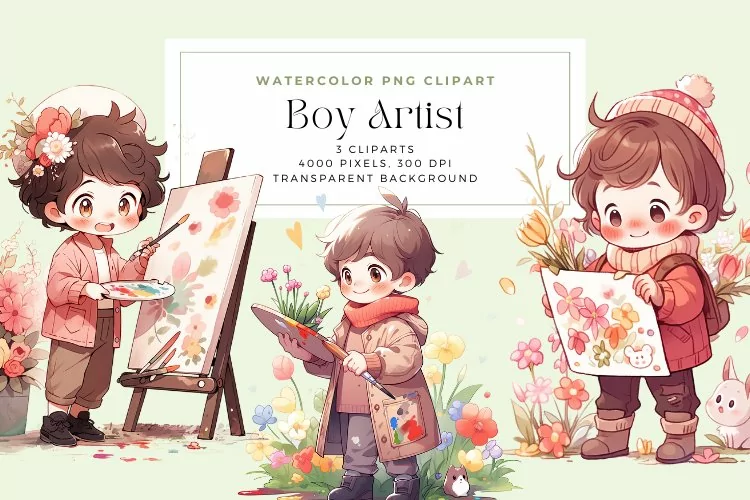 Watercolor Boy Artist Clipart