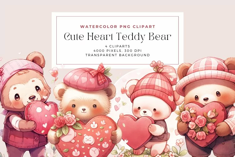 Watercolor Cute Heart Teddy Bear Clipart
