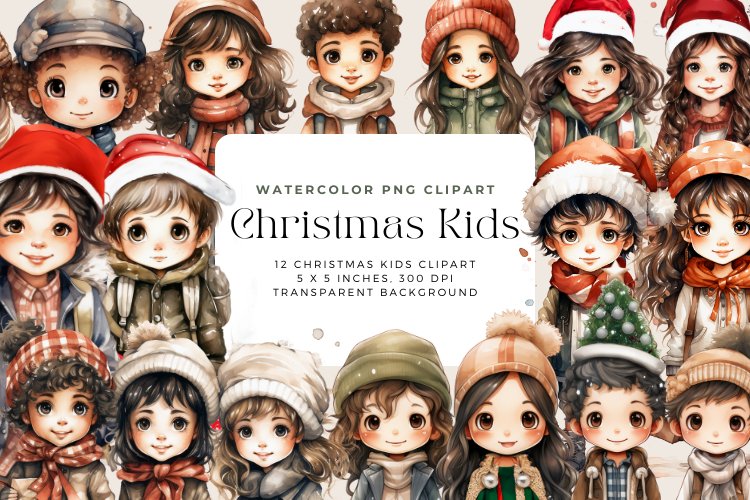 12 Watercolor Christmas Kids Clipart example image 1