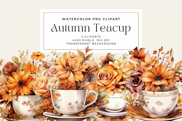 4 Watercolor Autumn Teacup Clipart