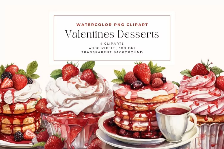 Watercolor Vintage Valentine Desserts Clipart