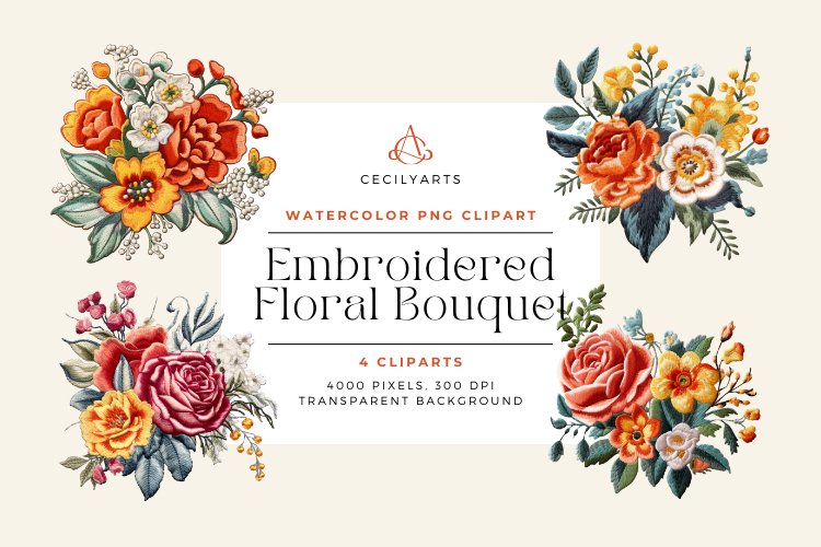 4 Watercolor Embroidered Floral Bouquet Cliparts example image 1
