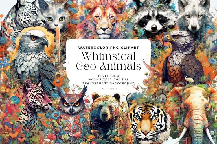 31 Watercolor Whimsical Geo Animals Cliparts