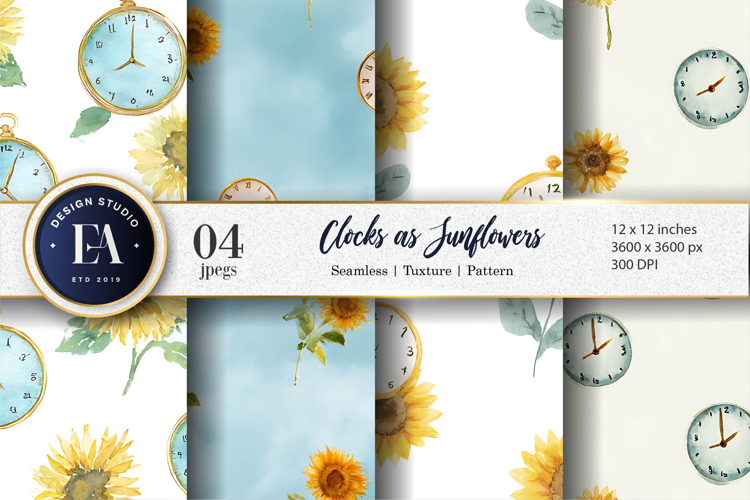 Sunflower Clocks Watercolor Seamless Pattern Digital Paper