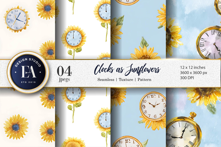 Sunflower Clocks Watercolor Seamless Pattern Digital Paper