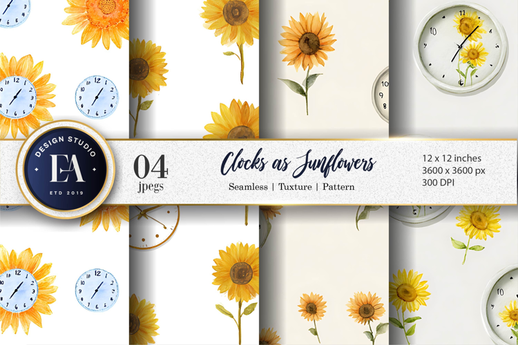 Watercolor Sunflower Clock Seamless Pattern Digital Paper