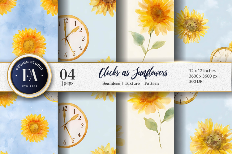 Watercolor Clocks Sunflower Seamless Texture Digital Paper