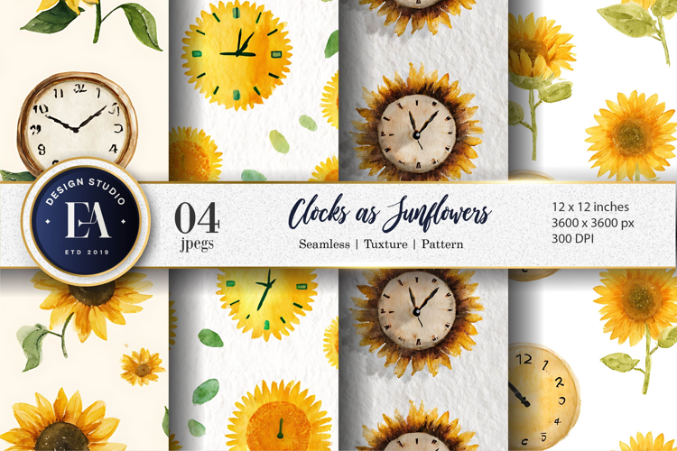 Watercolor Sunflower Clock Seamless Pattern Digital Paper