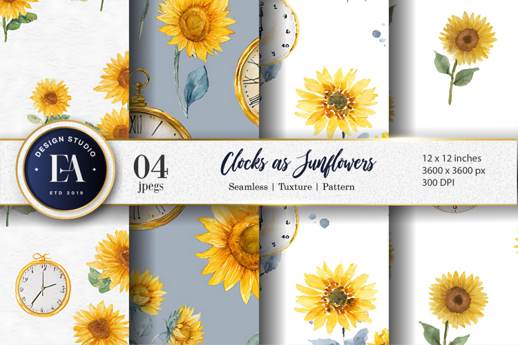 Seamless Watercolor Sunflower Clocks Design Digital Paper