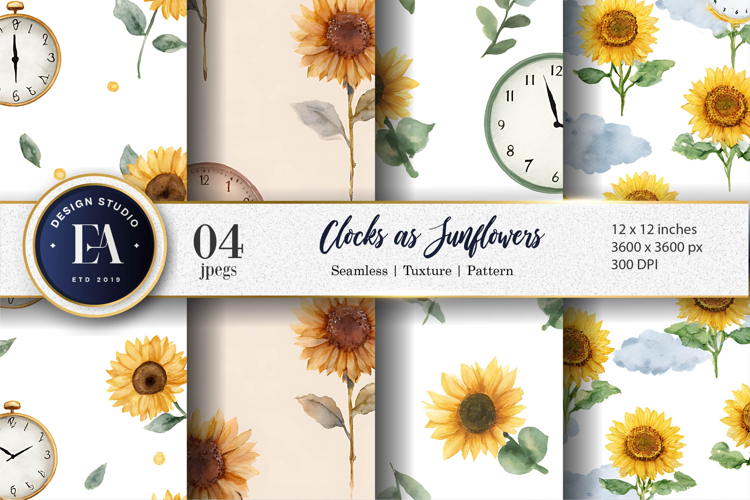 Seamless Watercolor Sunflower Clocks Design Digital Paper