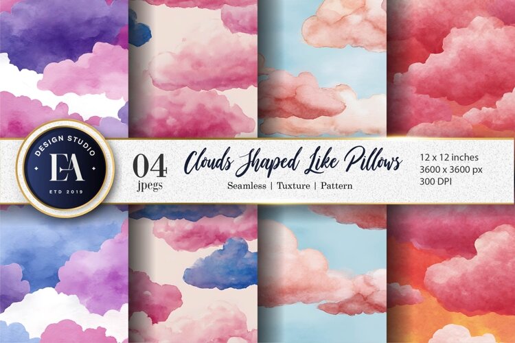 Hand-Drawn Pillow Clouds Pattern Watercolor Digital Paper example image 1