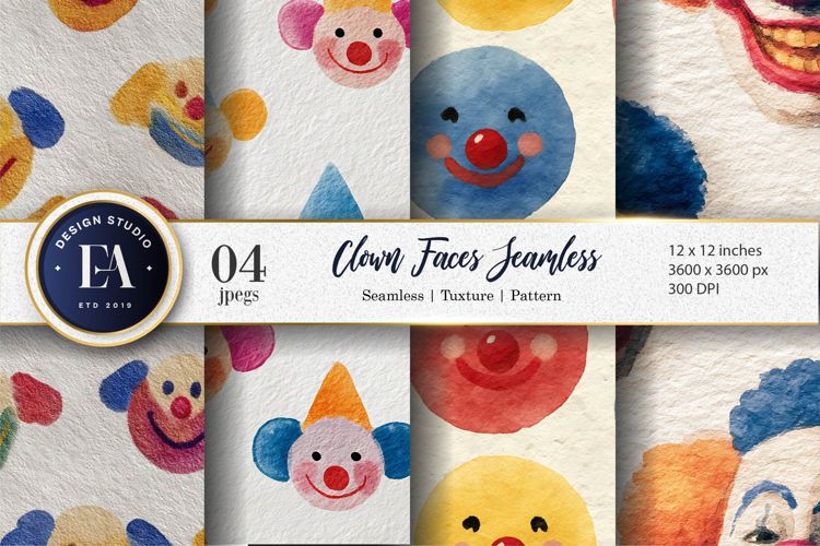 Seamless Clown Faces Watercolor Art Digital Paper
