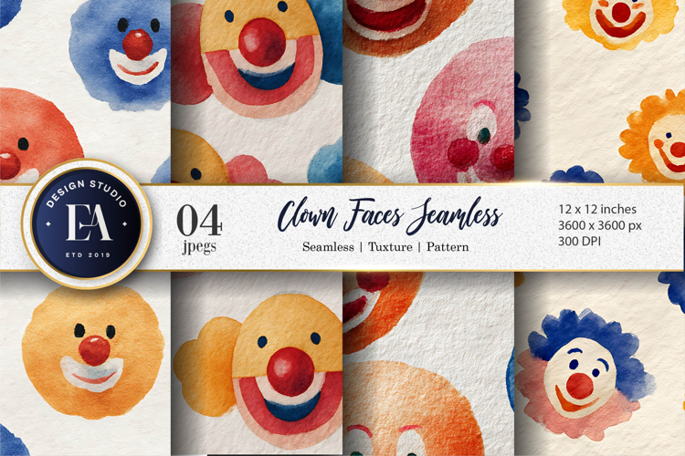 Seamless Watercolor Clown Faces Pattern Digital Paper