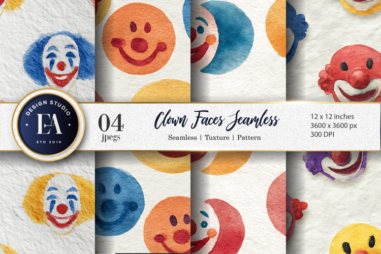 Watercolor Clown Faces Seamless Pattern Digital Paper