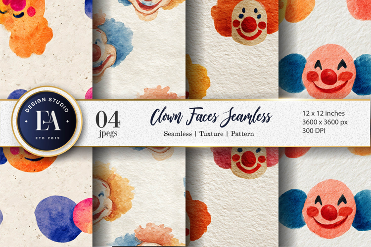 Artistic Watercolor Clown Faces Seamless Digital Paper