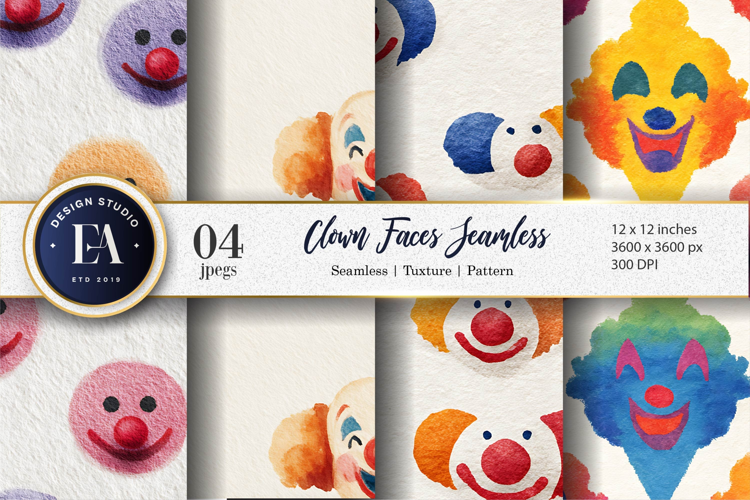 Watercolor Seamless Clown Faces Pattern Digital Paper