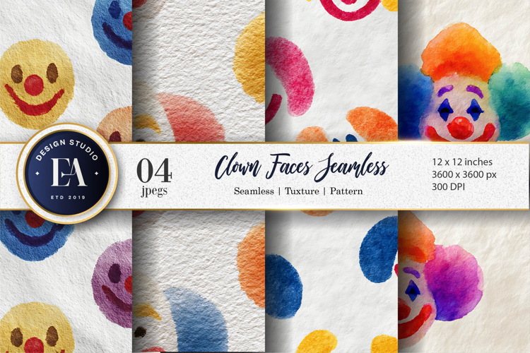 Artistic Watercolor Clown Faces Seamless Digital Paper