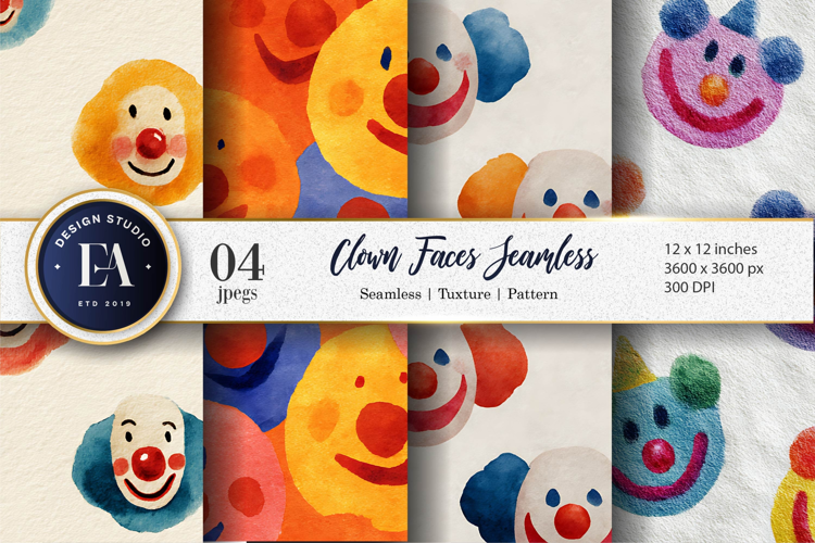 Watercolor Clown Faces Seamless Pattern Digital Paper