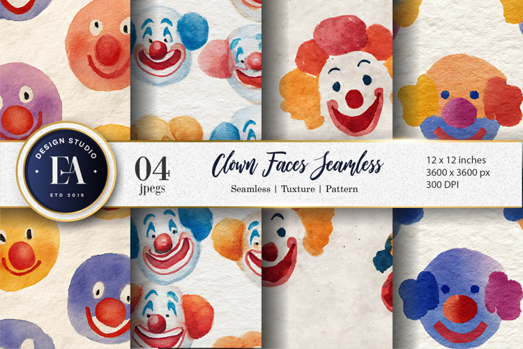 Playful Watercolor Clown Faces Seamless Digital Paper