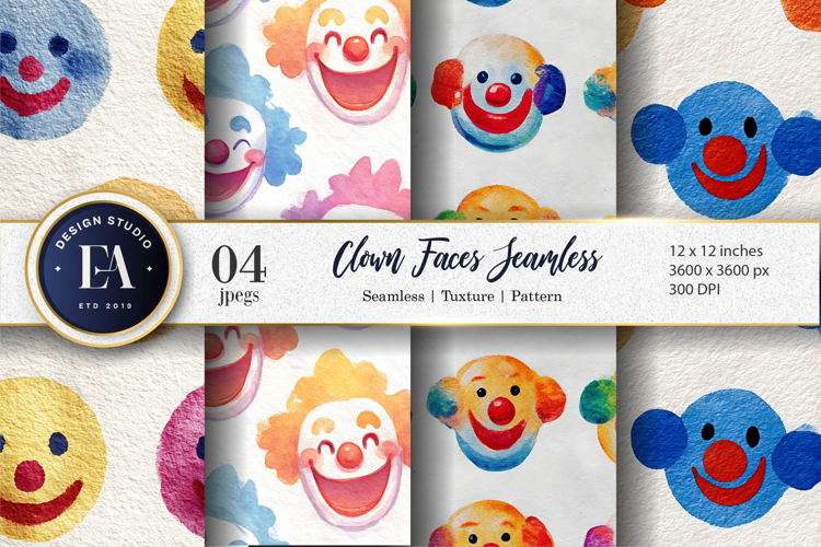 Seamless Watercolor Clown Faces Pattern Digital Paper