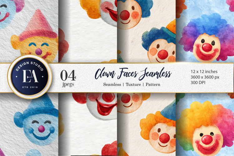 Clown Faces Watercolor Seamless Pattern Digital Paper