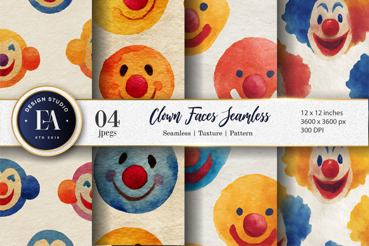 Playful Watercolor Clown Faces Seamless Digital Paper