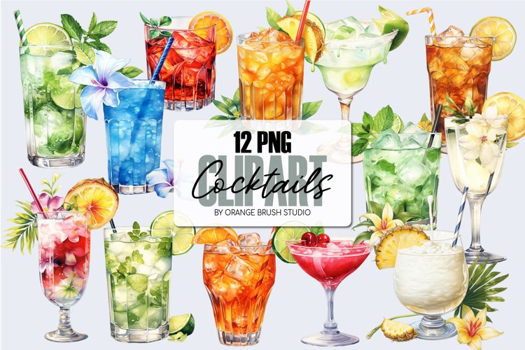 Watercolor Cocktail Clipart, Cocktail Sublimation Designs