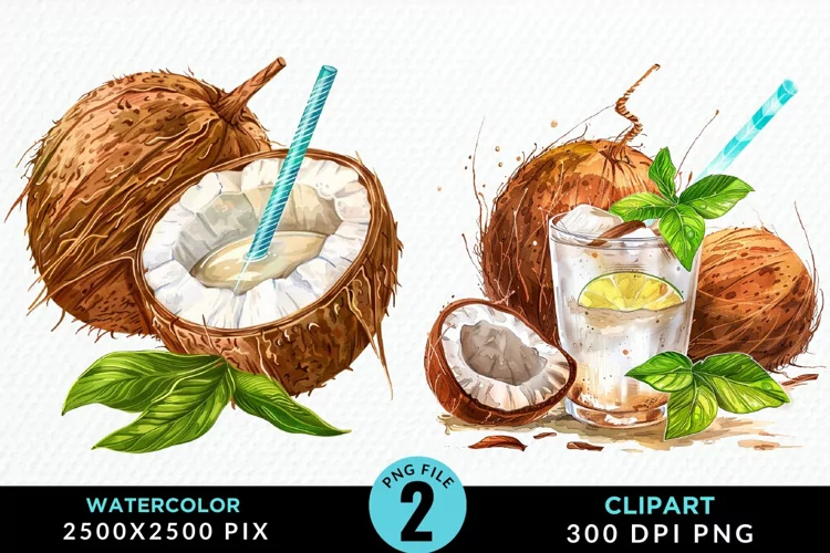 Watercolor Coconut Drink Artwork Clipart