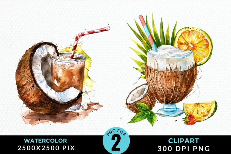 Watercolor Coconut Drink Artwork Clipart