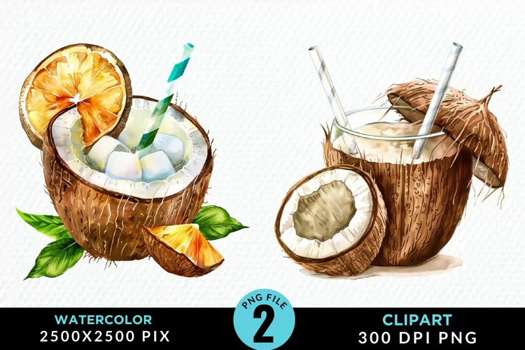 Watercolor Coconut Drink Artwork Clipart
