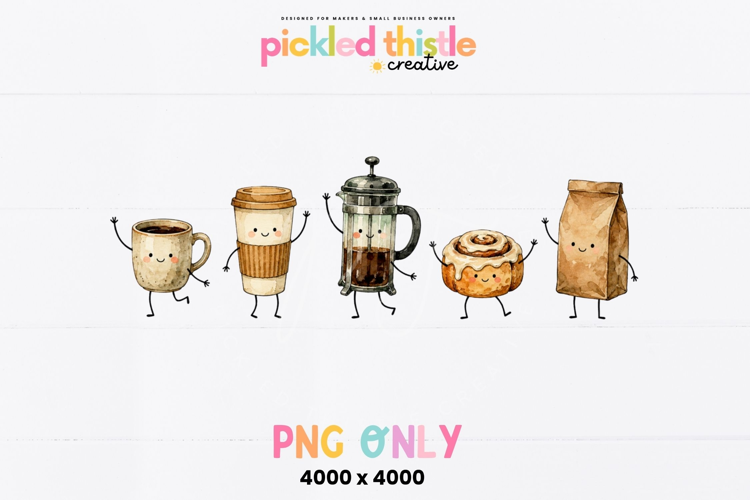 Watercolor Coffee Character PNG, Cute Cafe Digital Design