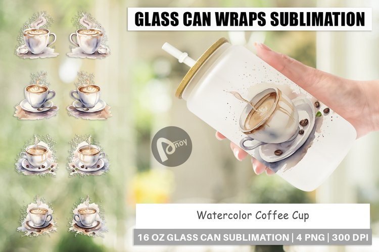 Glass Can Wraps Watercolor Coffee Cup