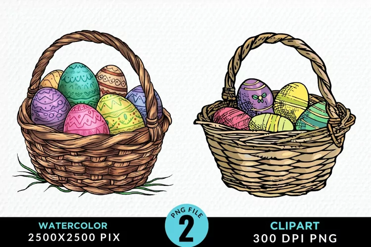 Watercolor Color Easter Basket Art Clipart