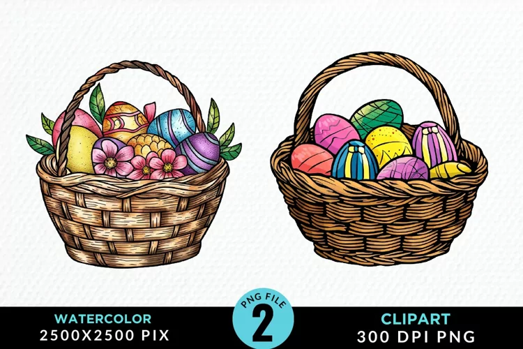 Watercolor Color Easter Basket Art Clipart