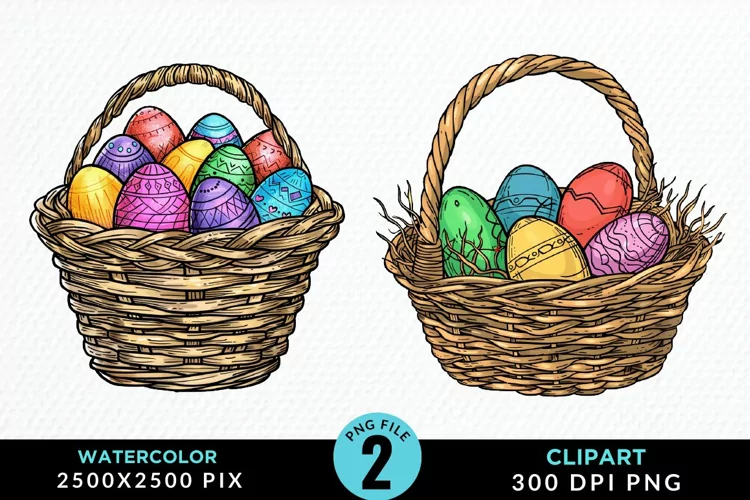 Watercolor Color Easter Basket Art Clipart