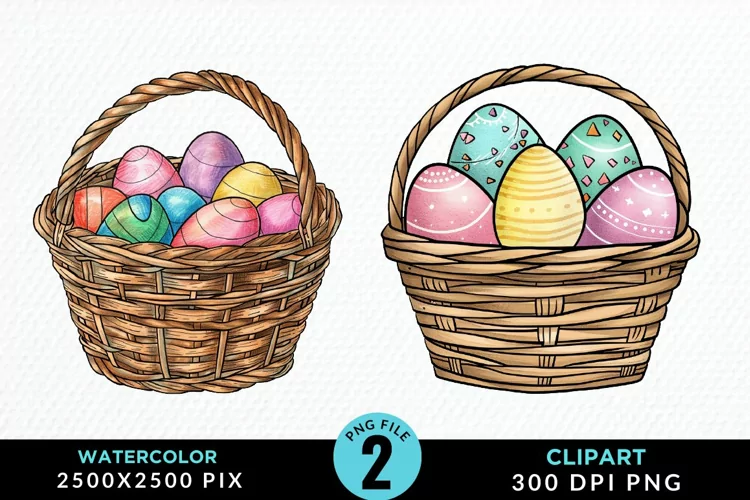 Watercolor Color Easter Basket Art Clipart