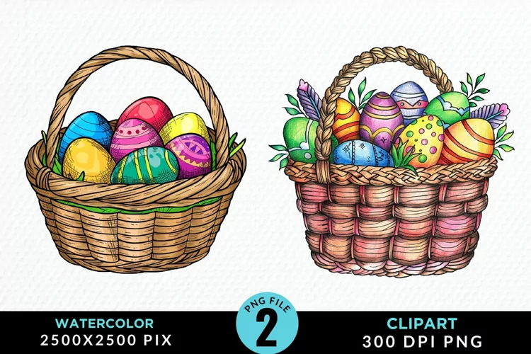 Watercolor Color Easter Basket Art Clipart