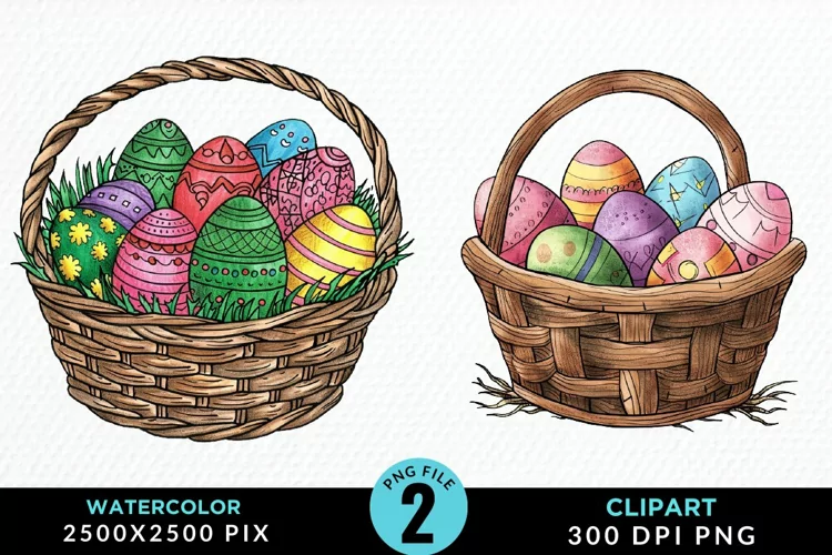 Watercolor Color Easter Basket Art Clipart