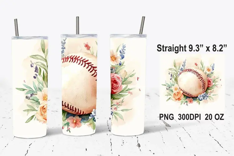 Watercolor Baseball With Flowers Tumbler Wrap, Baseball PNG