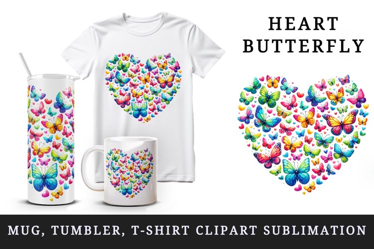 Watercolor colorful butterflies forming heart shape Love Valentine Day print 20oz tumbler skinny mug wrap clipart t-shirt sublimation printable design