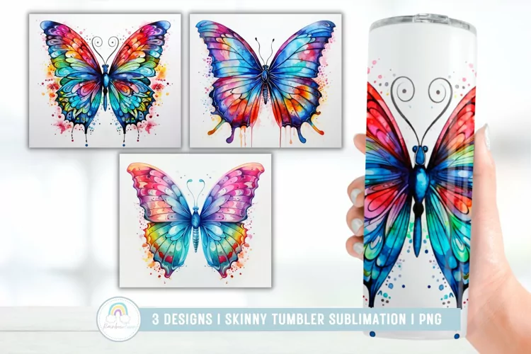 Watercolor Colorful Butterfly Tumbler Sublimation Design
