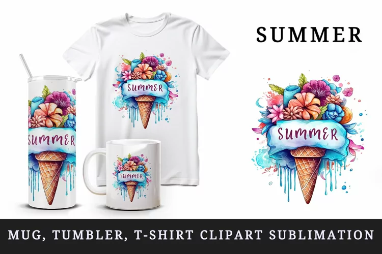 Summer floral ice cream tumbler mug wrap clipart sublimation