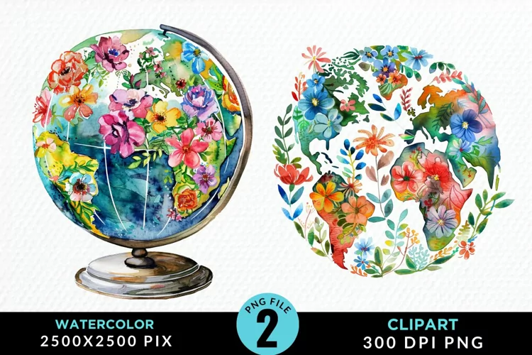Watercolor Floral Globe Artwork Clipart