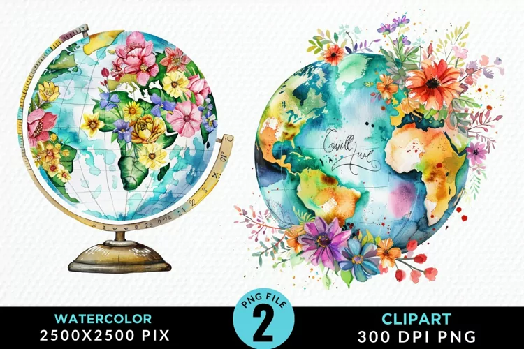 Watercolor Floral Globe Artwork Clipart