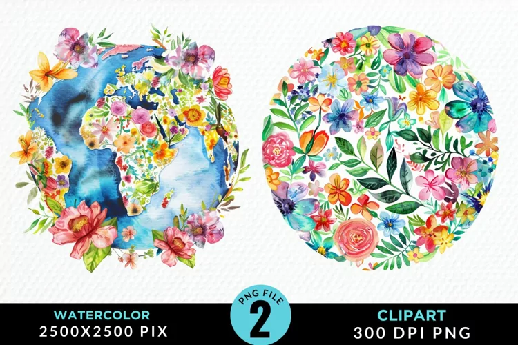 Watercolor Floral Globe Artwork Clipart