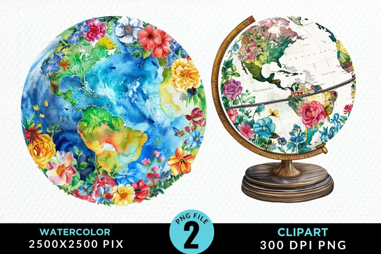 Watercolor Floral Globe Artwork Clipart
