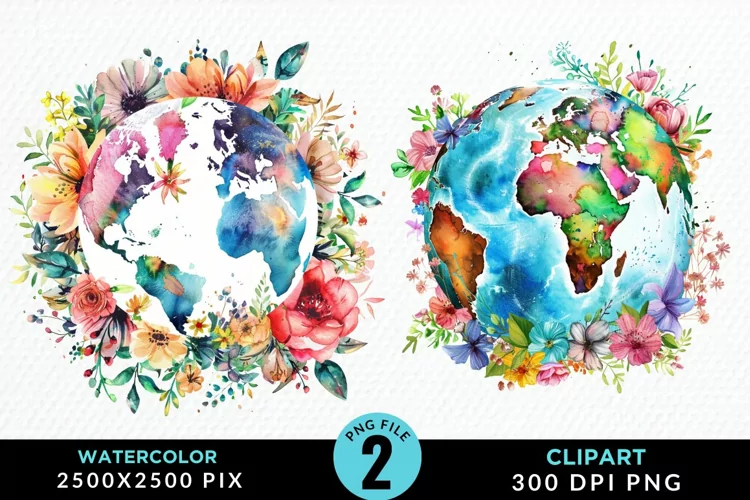 Watercolor Floral Globe Artwork Clipart